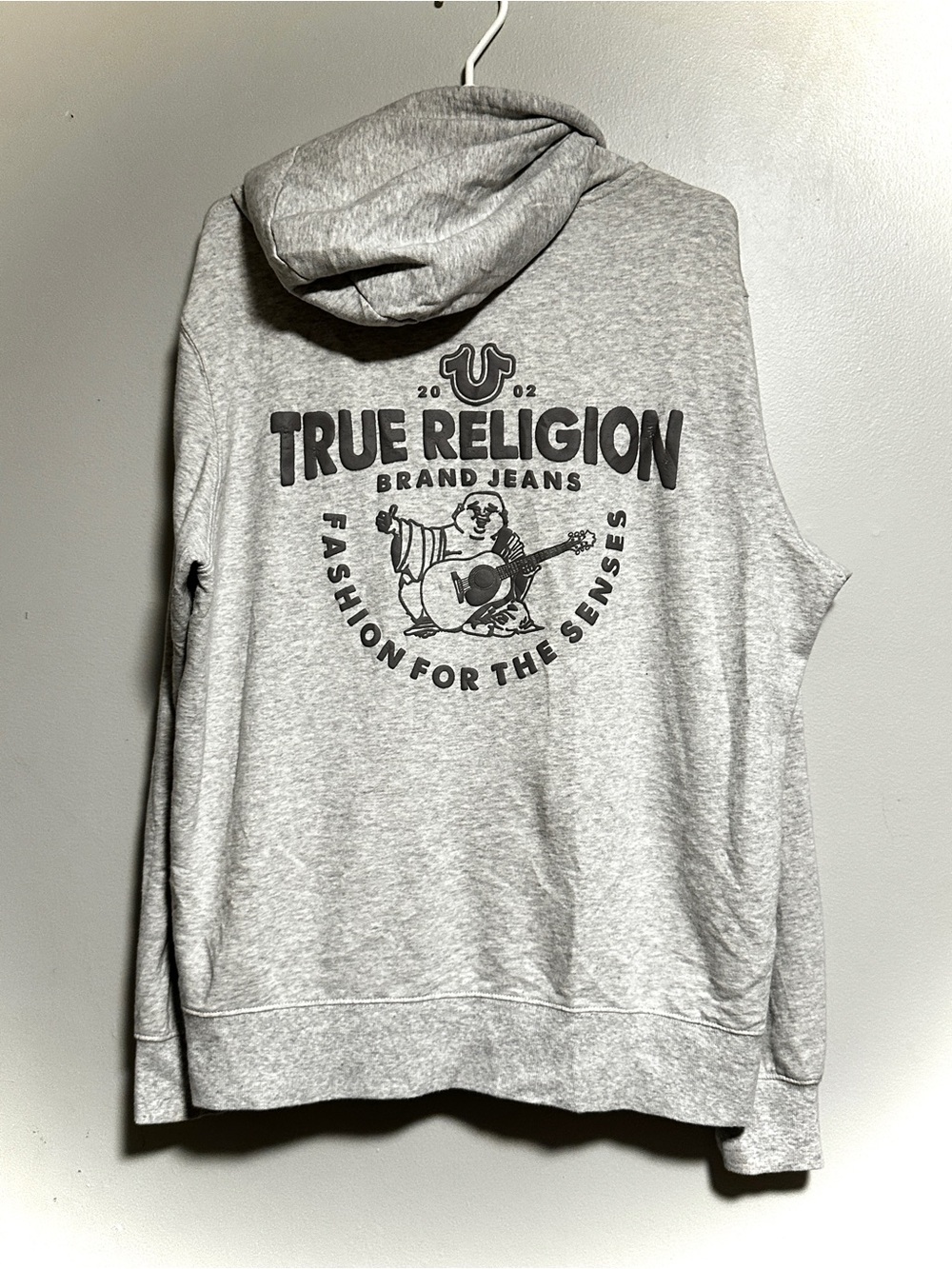 True Religion Light Gray Zip-Up Hoodie with Branded Back Graphic
